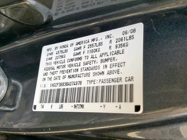 1HGCP36838A074978 - 2008 HONDA ACCORD EXL GRAY photo 10