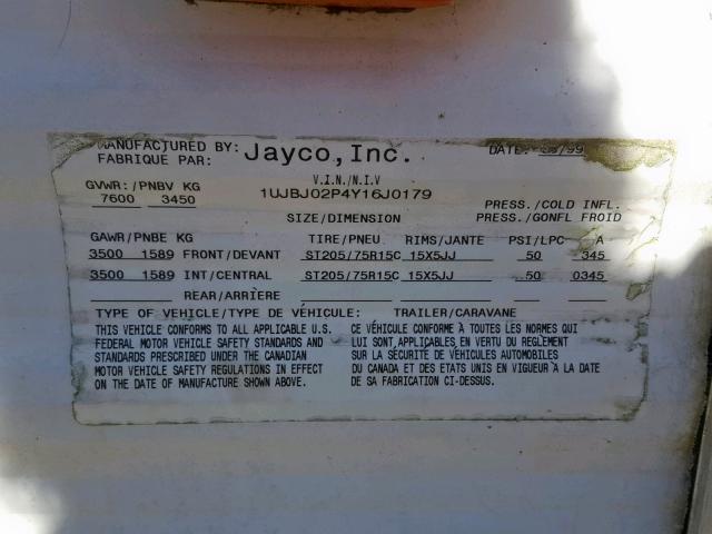 1UJBJ02P4Y16J0179 - 2001 JAYCO QWEST  WHITE photo 10