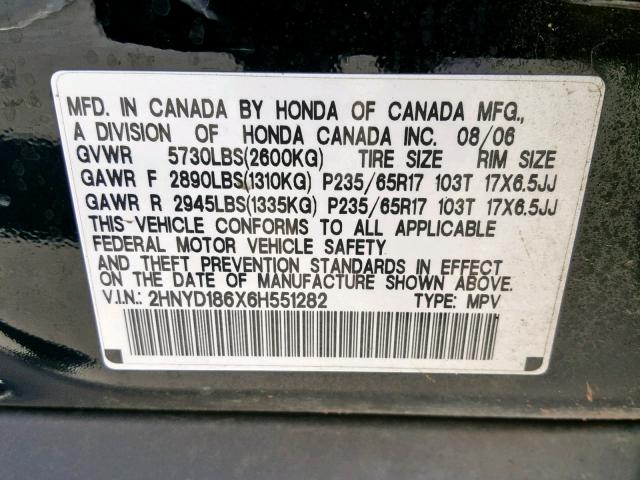 2HNYD186X6H551282 - 2006 ACURA MDX TOURIN BLACK photo 10