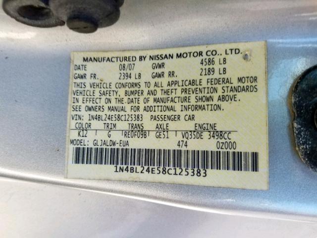 1N4BL24E58C125383 - 2008 NISSAN ALTIMA 3.5 SILVER photo 10