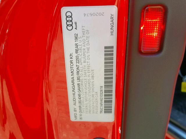 TRUC1AFV4G1032818 - 2016 AUDI TTS RED photo 10