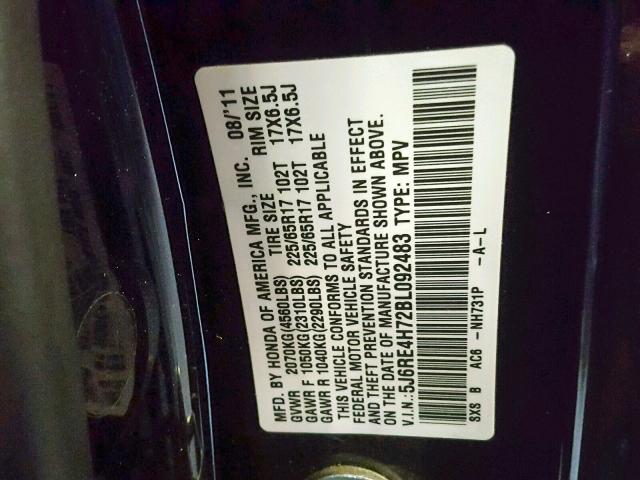 5J6RE4H72BL092483 - 2011 HONDA CR-V EXL BLACK photo 10