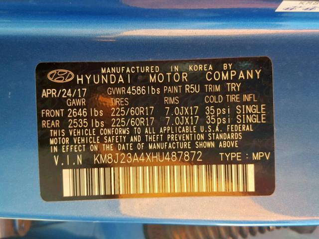 KM8J23A4XHU487872 - 2017 HYUNDAI TUCSON SE TURQUOISE photo 10