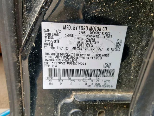 1FTSW21P56EC14024 - 2006 FORD F250 SUPER BLACK photo 10