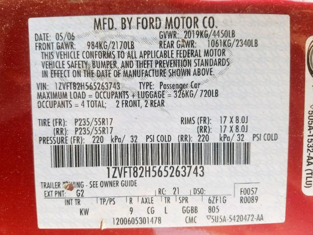 1ZVFT82H565263743 - 2006 FORD MUSTANG GT MAROON photo 10