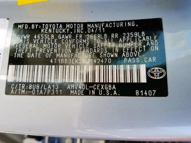 4T1BB3EK2BU142470 - 2011 TOYOTA CAMRY HYBR BLUE photo 10