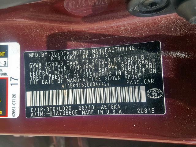 4T1BK1EB3DU047424 - 2013 TOYOTA AVALON BAS BURGUNDY photo 10