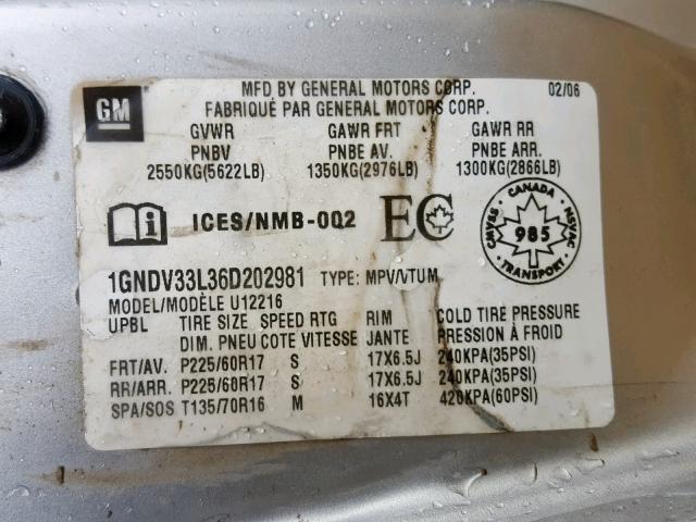1GNDV33L36D202981 - 2006 CHEVROLET UPLANDER L 银色 照片 10