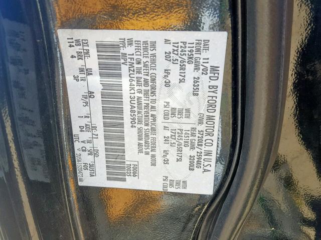 1FMZU64K13UA85904 - 2003 FORD EXPLORER E BLACK photo 10