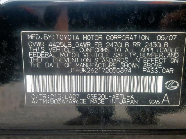 JTHBK262172050894 - 2007 LEXUS IS 250 BLACK photo 10