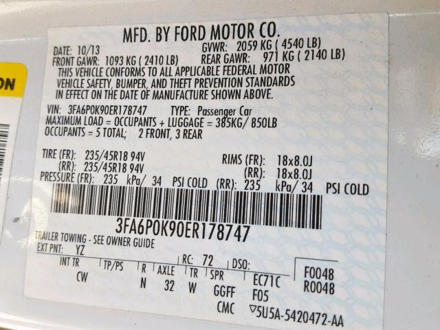 3FA6P0K90ER178747 - 2014 FORD FUSION TIT WHITE photo 10