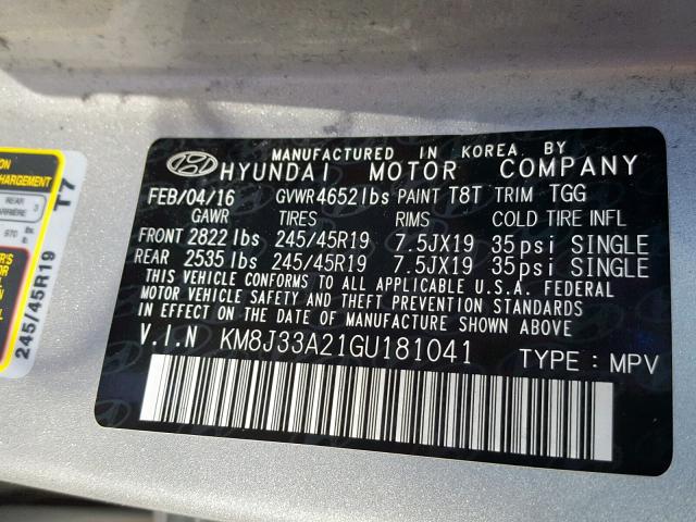 KM8J33A21GU181041 - 2016 HYUNDAI TUCSON LIM SILVER photo 10