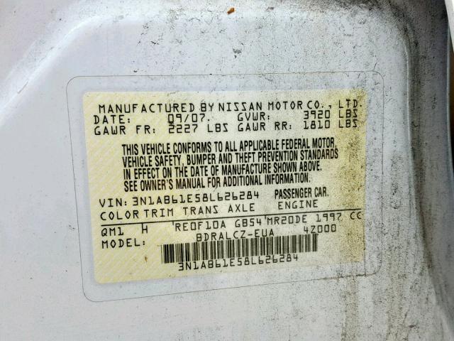 3N1AB61E58L626284 - 2008 NISSAN SENTRA 2.0 WHITE photo 10