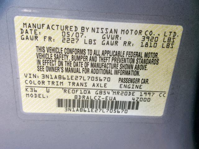 3N1AB61E27L705670 - 2007 NISSAN SENTRA 2.0 BLUE photo 10