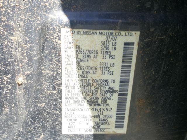 1N6AD07W57C463552 - 2007 NISSAN FRONTIER C GRAY photo 10