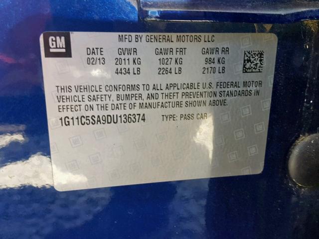 1G11C5SA9DU136374 - 2013 CHEVROLET MALIBU 1LT 蓝色 照片 10