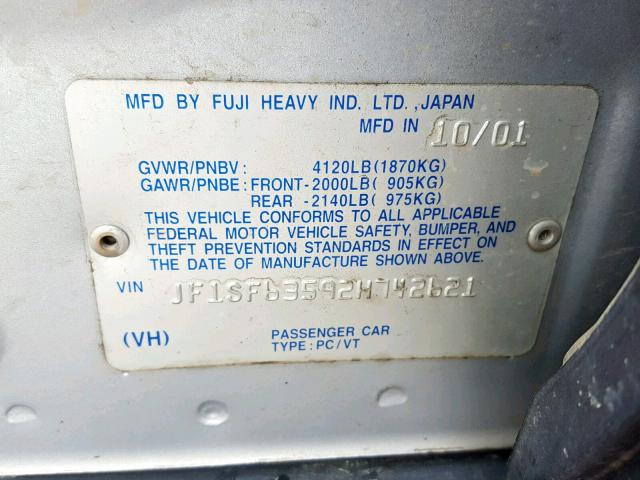 JF1SF63592H742621 - 2002 SUBARU FORESTER L SILVER photo 10