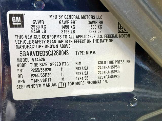 5GAKVDED5CJ280043 - 2012 BUICK ENCLAVE BLUE photo 10