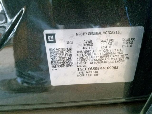 1G1FY6S09K4109063 - 2019 CHEVROLET BOLT EV LT CHARCOAL photo 10