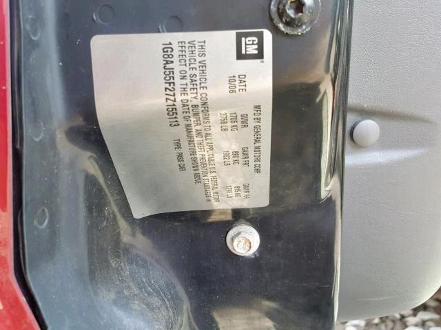 1G8AJ55F27Z155113 - 2007 SATURN ION LEVEL RED photo 10