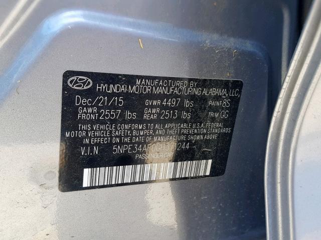 5NPE34AF0GH371244 - 2016 HYUNDAI SONATA SPO GRAY photo 10