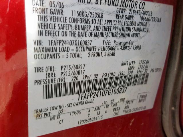 1FAFP24107G100837 - 2007 FORD FIVE HUNDR RED photo 10