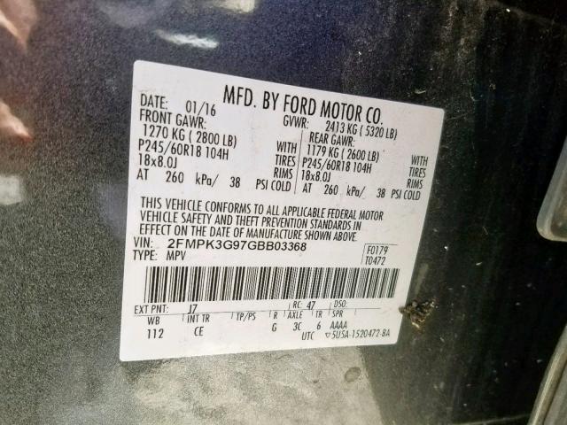 2FMPK3G97GBB03368 - 2016 FORD EDGE SE CHARCOAL photo 10