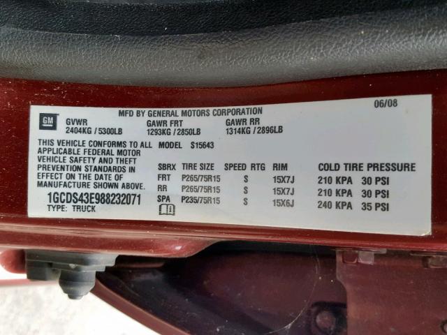 1GCDS43E988232071 - 2008 CHEVROLET COLORADO L MAROON photo 10