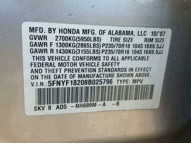 5FNYF18208B025796 - 2008 HONDA PILOT VP SILVER photo 10