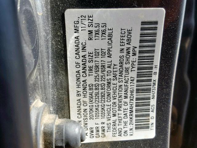 2HKRM4H7XDH611747 - 2013 HONDA CR-V EXL CHARCOAL photo 10