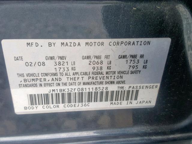 JM1BK32F081118528 - 2008 MAZDA 3 I BLUE photo 10