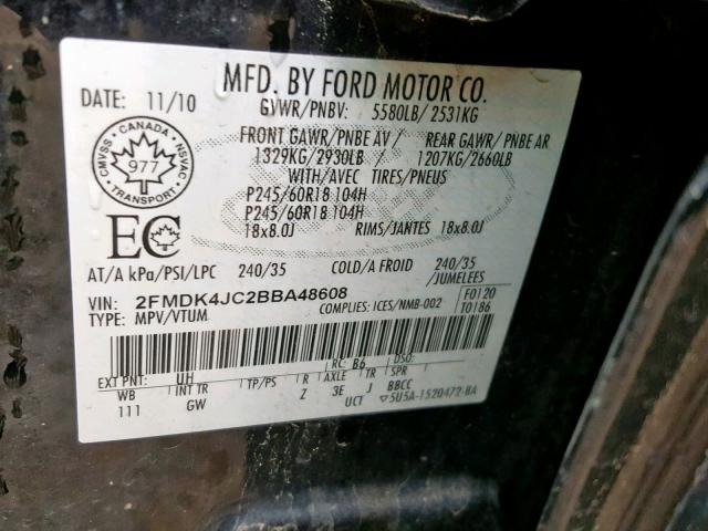 2FMDK4JC2BBA48608 - 2011 FORD EDGE SEL BLACK photo 10