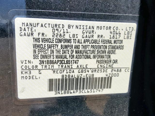 3N1BB6AP3CL651747 - 2012 NISSAN SENTRA SE- BLACK photo 10