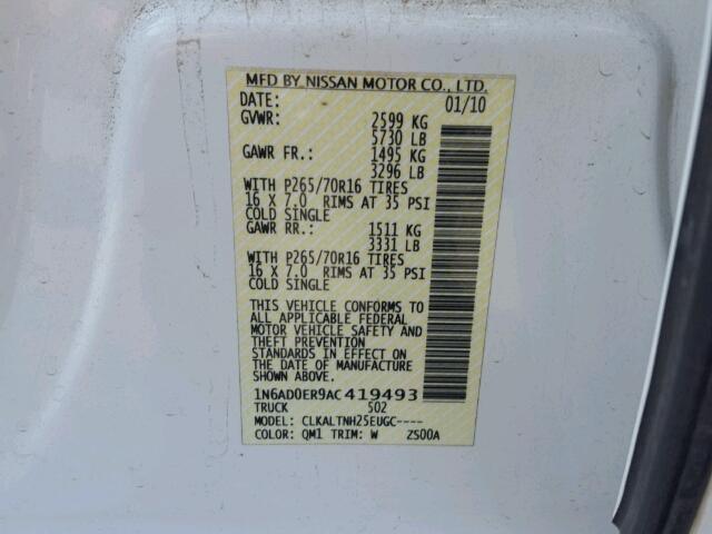 1N6AD0ER9AC419493 - 2010 NISSAN FRONTIER C WHITE photo 10