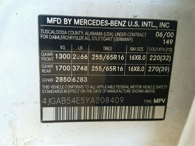 4JGAB54E5YA208409 - 2000 MERCEDES-BENZ ML 320 WHITE photo 10