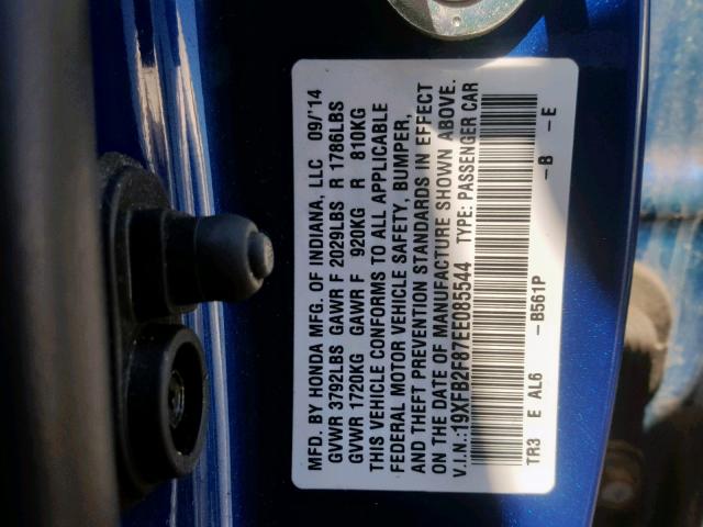 19XFB2F87EE085544 - 2014 HONDA CIVIC EX BLUE photo 10