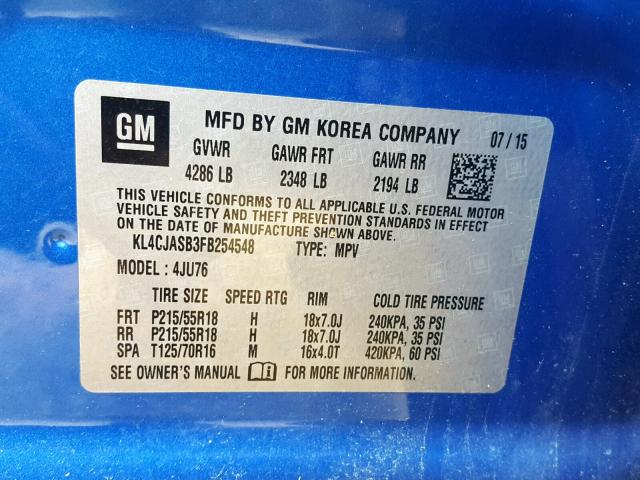 KL4CJASB3FB254548 - 2015 BUICK ENCORE BLUE photo 10