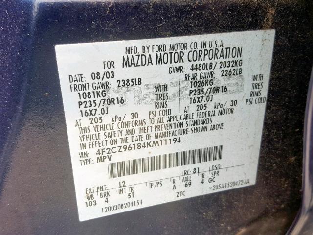 4F2CZ96184KM11194 - 2004 MAZDA TRIBUTE ES 蓝色 照片 10