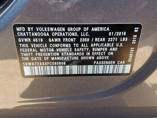 1VWAT7A3XFC060806 - 2015 VOLKSWAGEN PASSAT S GRAY photo 10