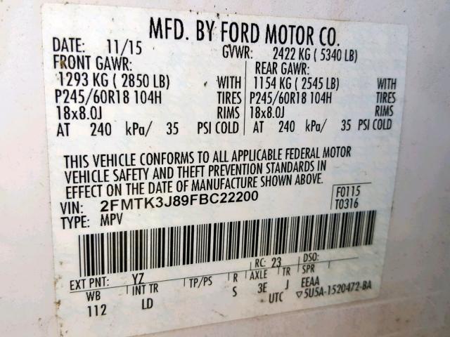 2FMTK3J89FBC22200 - 2015 FORD EDGE SEL WHITE photo 10