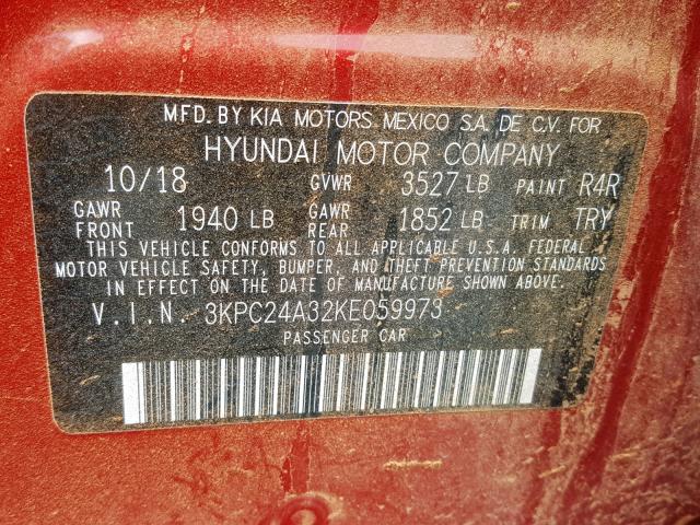 3KPC24A32KE059973 - 2019 HYUNDAI ACCENT SE RED photo 10