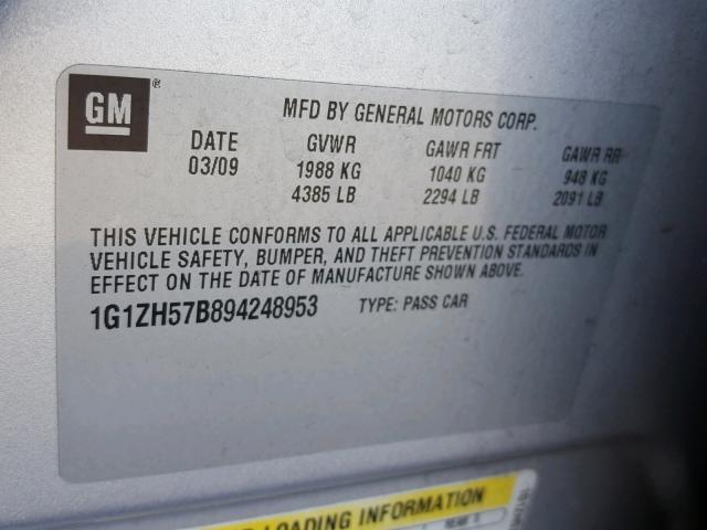 1G1ZH57B894248953 - 2009 CHEVROLET MALIBU 1LT SILVER photo 10