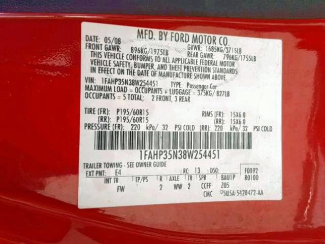 1FAHP35N38W254451 - 2008 FORD FOCUS SE RED photo 10