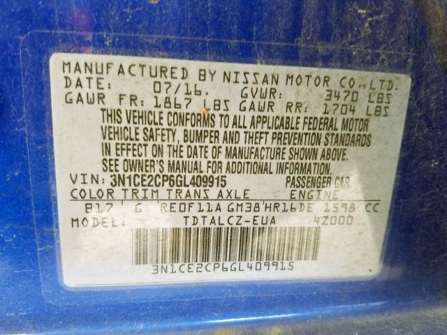 3N1CE2CP6GL409915 - 2016 NISSAN VERSA NOTE BLUE photo 10