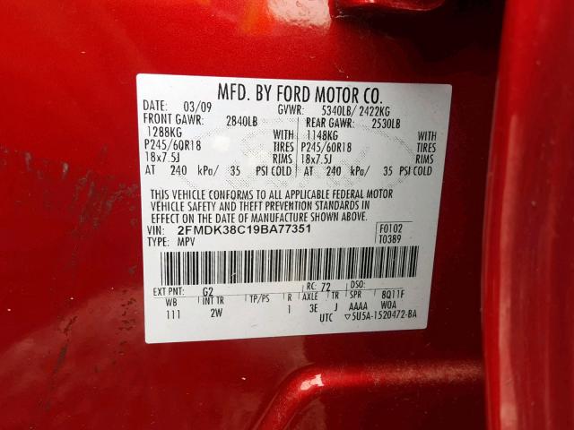 2FMDK38C19BA77351 - 2009 FORD EDGE SEL RED photo 10