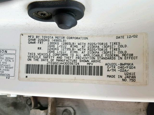 JTEGD21A430056724 - 2003 TOYOTA HIGHLANDER WHITE photo 10