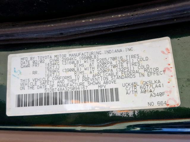 5TDBT48A32S094167 - 2002 TOYOTA SEQUOIA LI GREEN photo 10