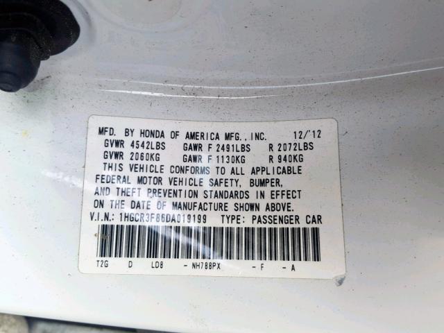 1HGCR3F86DA019199 - 2013 HONDA ACCORD EXL WHITE photo 10