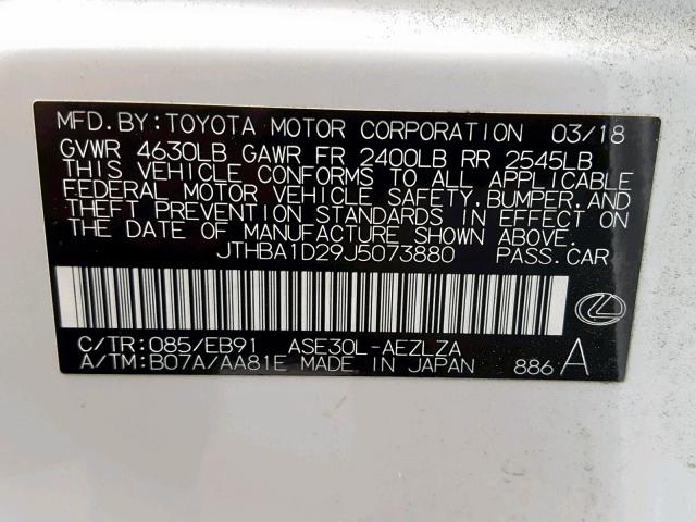 JTHBA1D29J5073880 - 2018 LEXUS IS 300 WHITE photo 10