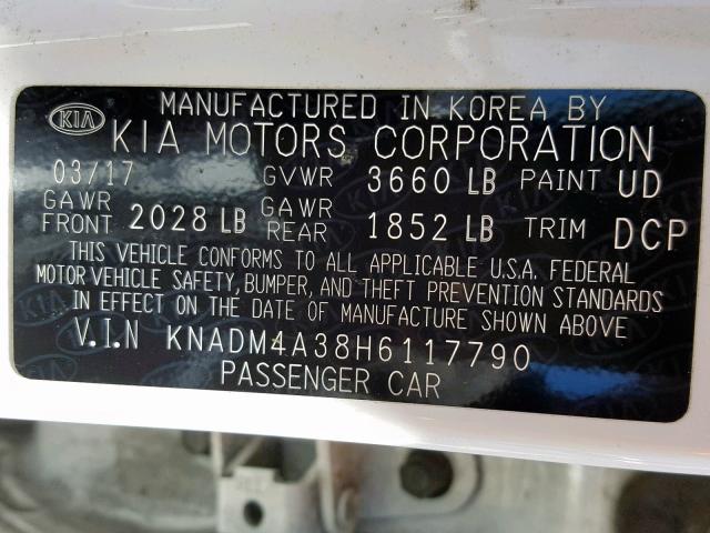 KNADM4A38H6117790 - 2017 KIA RIO LX WHITE photo 10